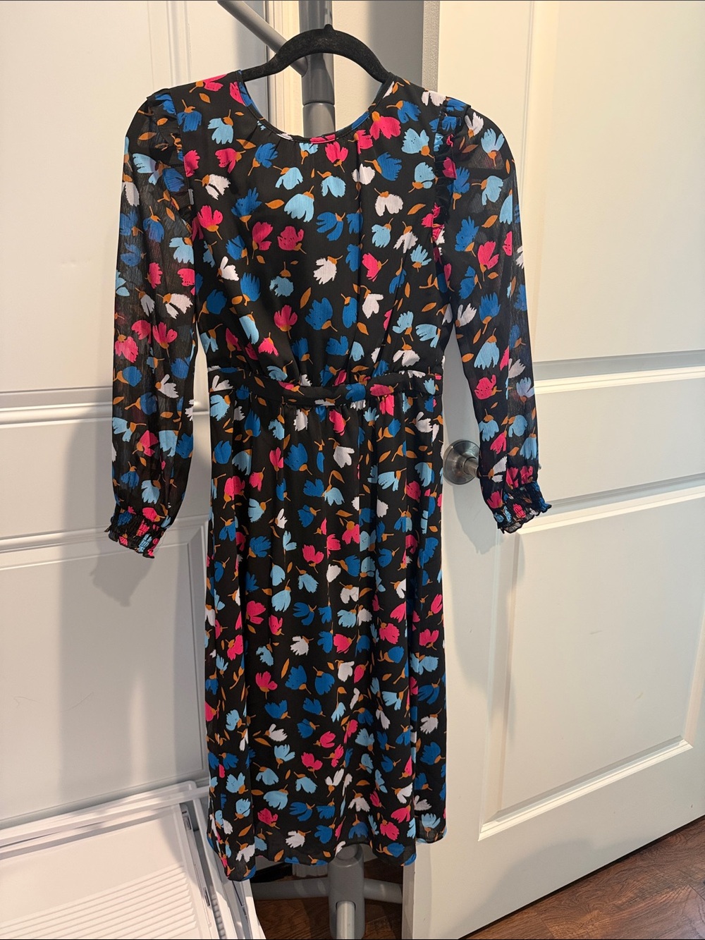 J. Crew Factory Black Midi Dress with Pink, Blue & White Floral Prints